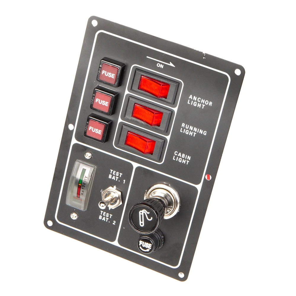Панель бортового питания AAA с кулисными переключателями переключателей - 3, с индикацией, гнёзд предохранителей - 3, вольтметр, прикуриватель, алюминиевая