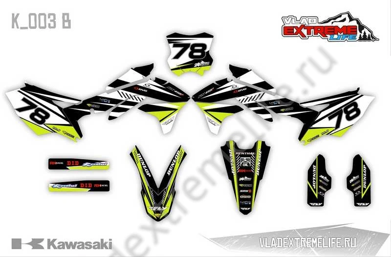 Наклейки VEL на кроссовый мотоцикл Kawasaki Наклейки VEL на кроссовый мотоцикл Kawasaki